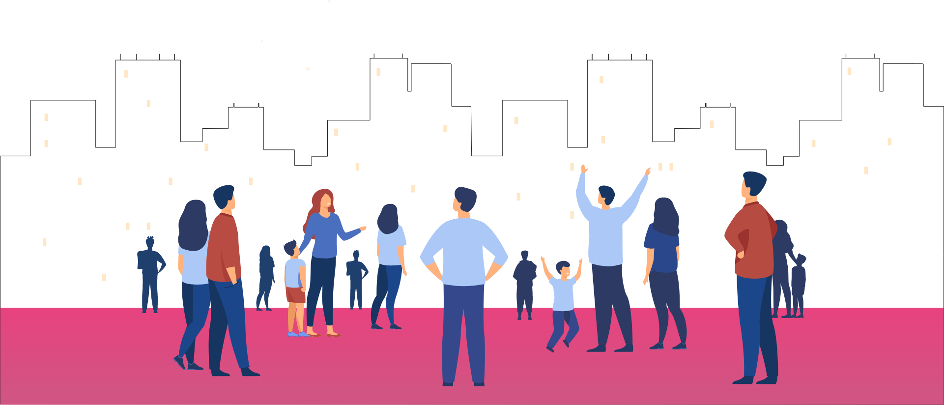 Illustration of a group of people of all ages standing together and looking up